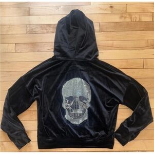 NEW! NWT TRUTH BY REPUBLIC Velour Rhinestone Skull Zip-Up Hoodie Black Size S